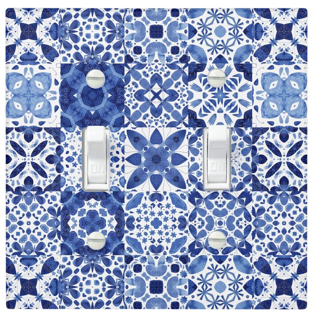 Mediterranean Blue White Tile Pattern Watercolor Light Switch Cover (Blue and white watercolor 
Mediterranean tile pattern light switch cover in various sizes)