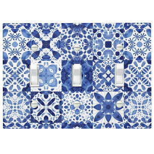 Mediterranean Blue White Tile Pattern Watercolor Light Switch Cover