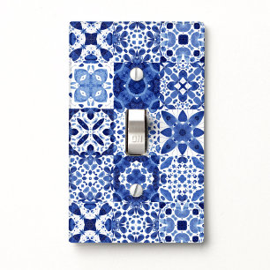 Mediterranean Blue White Tile Pattern Watercolor Light Switch Cover