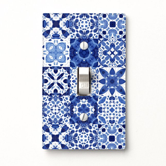 Mediterranean Blue White Tile Pattern Watercolor Light Switch Cover (Mediterranean blue and white tile art light switch cover)
