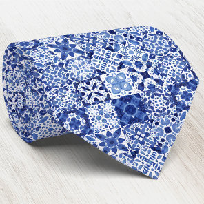 Mediterranean Blue White Tile Pattern Watercolor Neck Tie