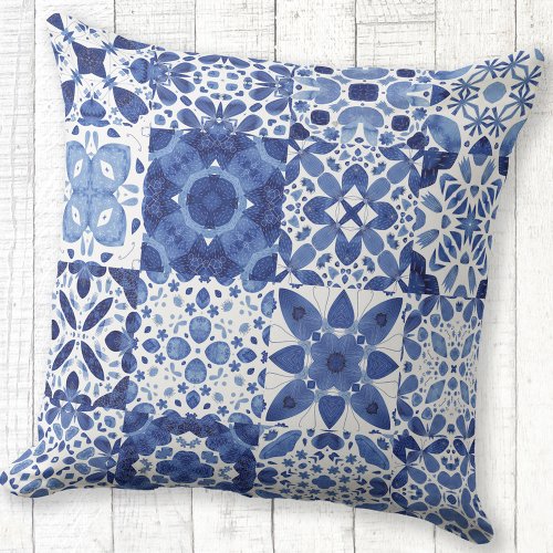 Mediterranean Blue White Tile Pattern Watercolor Outdoor Pillow