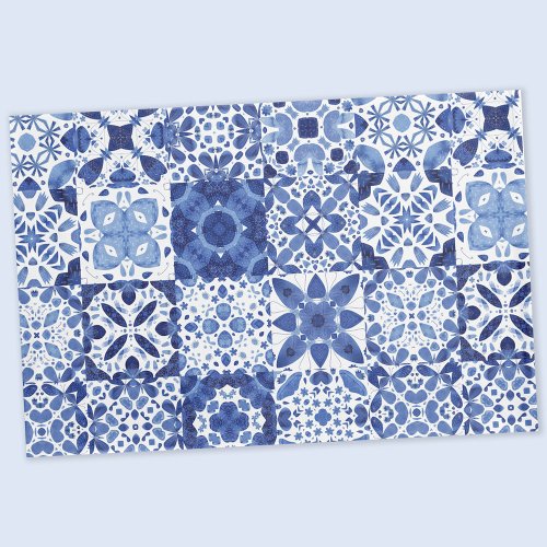 Mediterranean Blue White Tile Pattern Watercolor Pillow Case