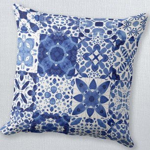 Mediterranean Blue White Tile Pattern Watercolor Throw Pillow