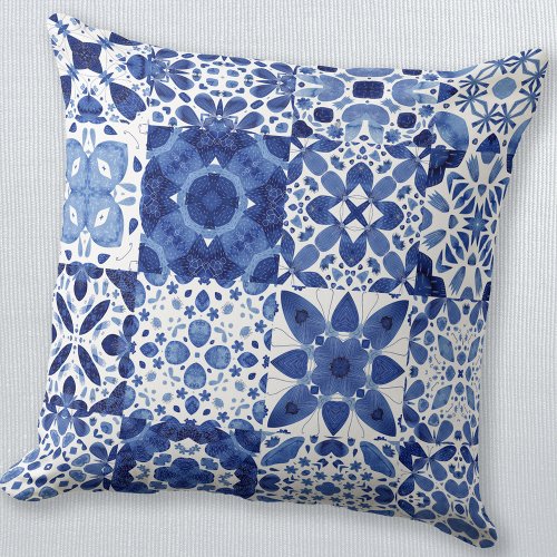 Mediterranean Blue White Tile Pattern Watercolor Throw Pillow