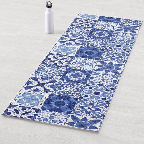 Mediterranean Blue White Tile Pattern Watercolor Yoga Mat