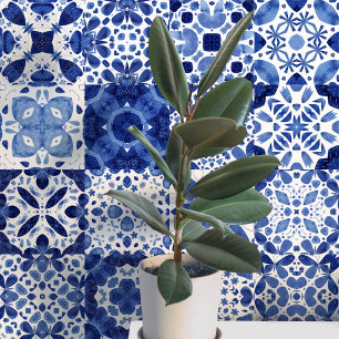 Mediterranean Blue White Tile Watercolor Wallpaper