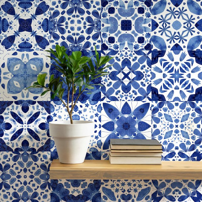 Mediterranean Blue White Tile Watercolor Wallpaper (Mediterranean blue and white tile pattern watercolor peel and stick wallpaper)