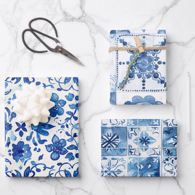 Mediterranean Blue & White Tiles 3 Wrapping Paper Sheets (Front)
