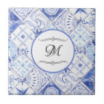 Mediterranean Blue White Vintage Kitchen Monogram Ceramic Tile<br><div class="desc">"Mediterranean Blue White Vintage Kitchen Monogram ceramic tile" features your family monogram with typography style dividers top and bottom.  Hand painted artwork of vintage style,  Mediterranean blue and white tiles in a diagonal pattern.  Created in watercolors and acrylics by internationally licensed artist and designer,  Audrey Jeanne Roberts,  copyright.</div>