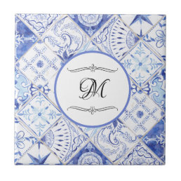 Mediterranean Blue White Vintage Kitchen Monogram Ceramic Tile