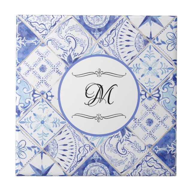 Mediterranean Blue White Vintage Kitchen Monogram Ceramic Tile (Front)