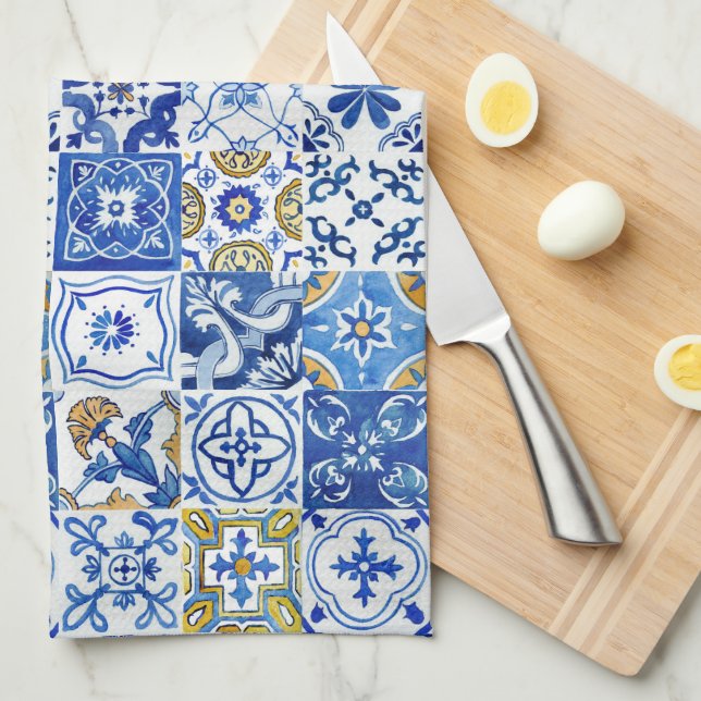 Mediterranean Blue, White & Yellow Floral Pattern Kitchen Towel (Quarter Fold)