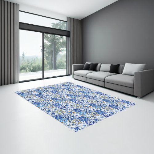 Mediterranean Blue White  Yellow Italian Pattern Rug