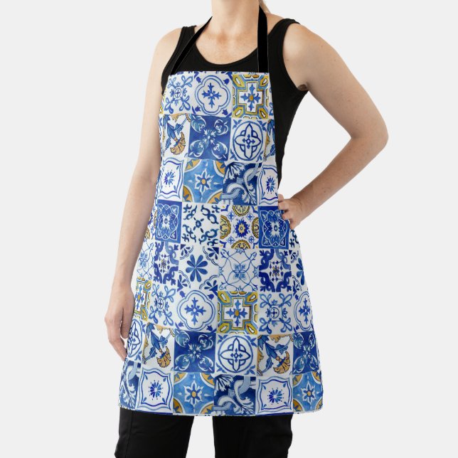 Mediterranean Blue, White & Yellow Watercolor Apron (Insitu)