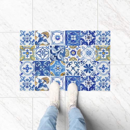 Mediterranean Blue White  Yellow Watercolor Doormat