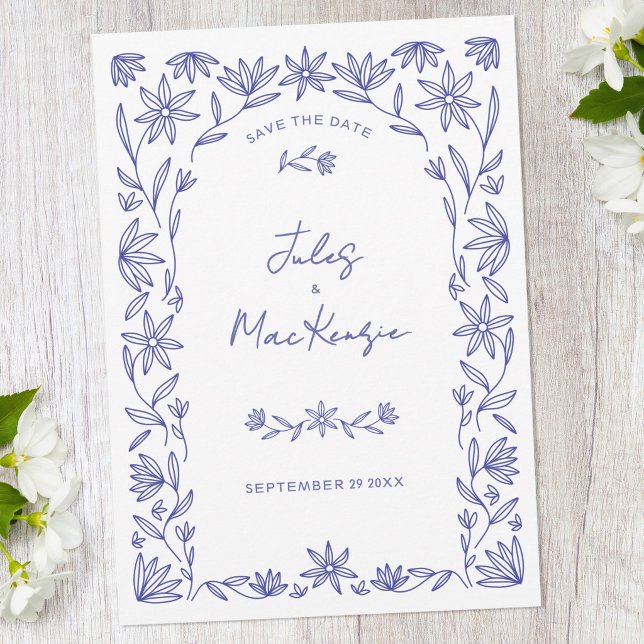 Mediterranean Blue Wildflower Art Save the Date Invitation (Mediterranean blue and white line art wildflower Save the Date wedding announcement invitation)