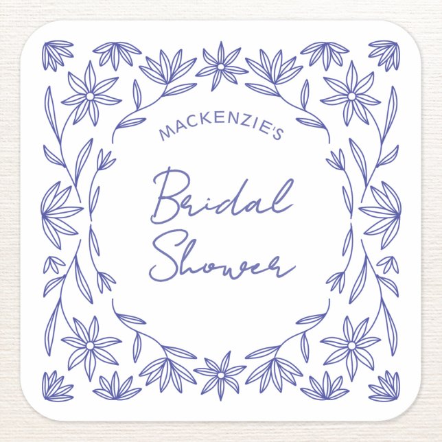 Mediterranean Blue Wildflower Bridal Shower Square Sticker (Modern Mediterranean floral blue and white personalized custom name bridal shower sticker)