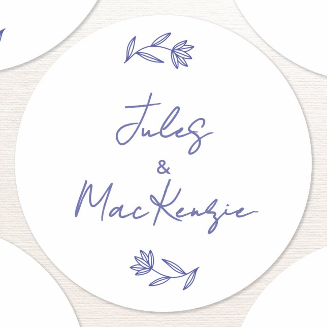 Mediterranean Blue Wildflower Wedding Classic Round Sticker (Mediterranean wildflower line art wedding sticker)