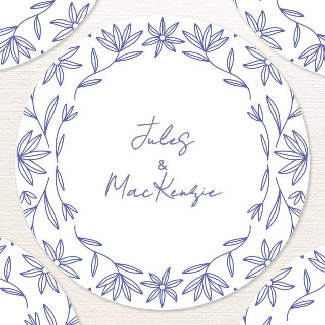 Mediterranean Blue Wildflower Wedding Classic Round Sticker (Modern Mediterranean blue white wildflower art personalized custom name wedding couple stickers)