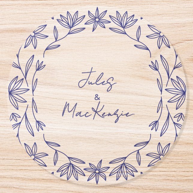 Mediterranean Blue Wildflower Wedding Classic Round Sticker (Modern Mediterranean blue white wildflower art personalized custom name wedding clear stickers)