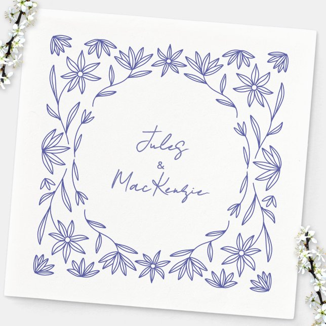 Mediterranean Blue Wildflower Wedding Napkins (Modern Mediterranean blue white floral line art wedding couple names party paper napkins)