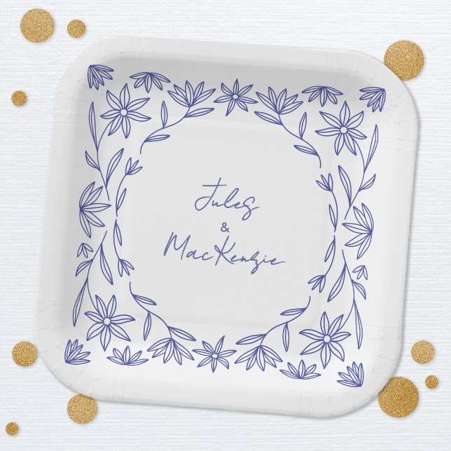 Mediterranean Blue Wildflower Wedding Paper Plates (Mediterranean blue and white wildflower line art wedding party paper plates)
