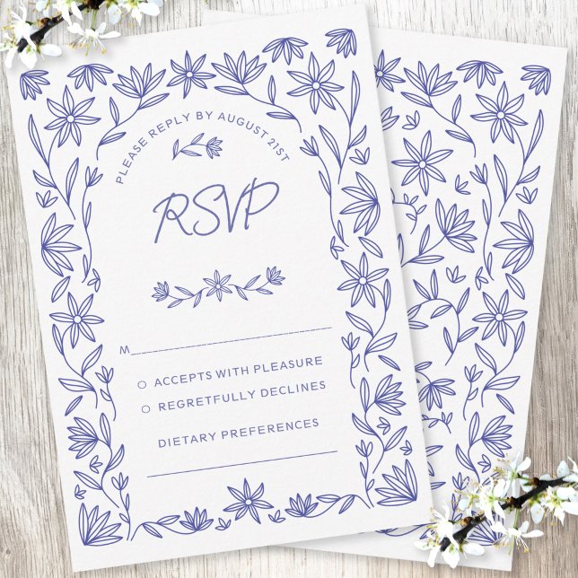 Mediterranean Blue Wildflower Wedding RSVP Card (Mediterranean blue and white wildflower line art wedding RSVP enclosure card)