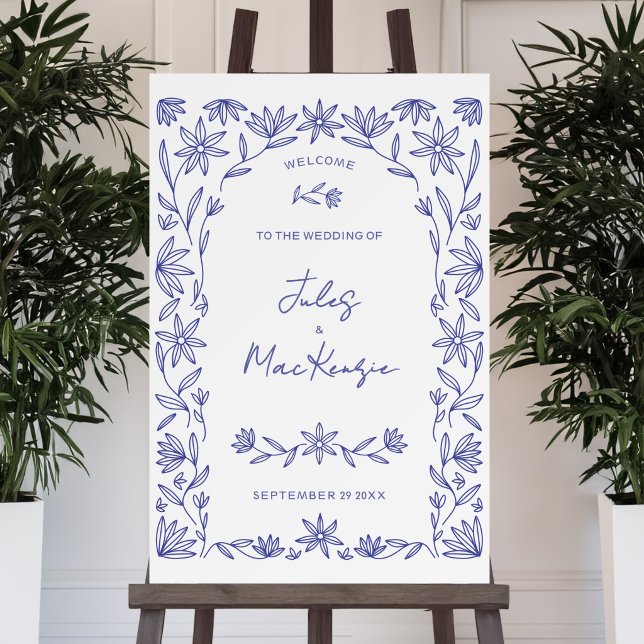 Mediterranean Blue Wildflower Wedding Welcome Sign (Mediterranean wildflower blue and white line art wedding welcome sign)