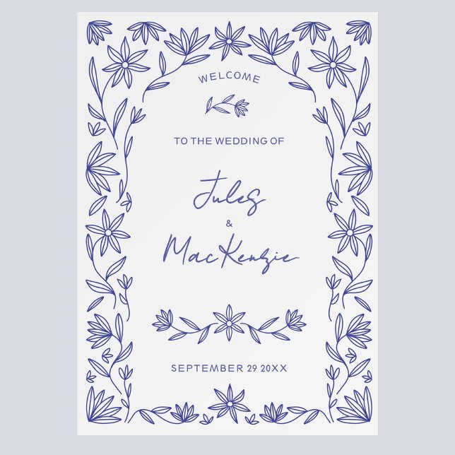 Mediterranean Blue Wildflower Wedding Welcome Sign (Mediterranean wildflower blue and white line art wedding welcome sign)
