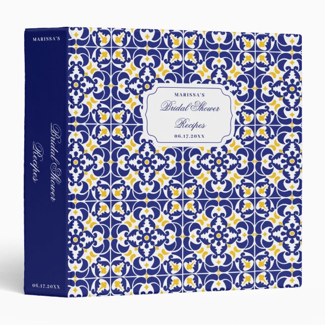 Mediterranean Blue Yellow Bridal Shower Recipe 3 Ring Binder (Front/Spine)