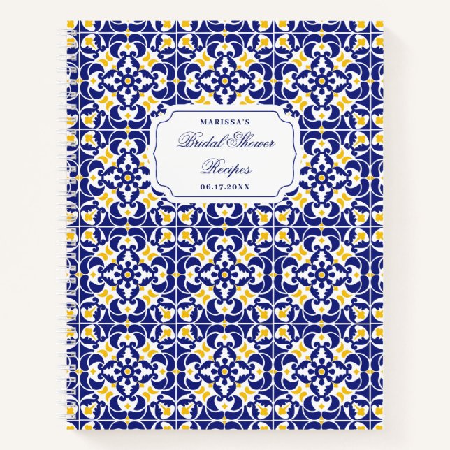 Mediterranean Blue Yellow Bridal Shower Recipe Notebook (Front)