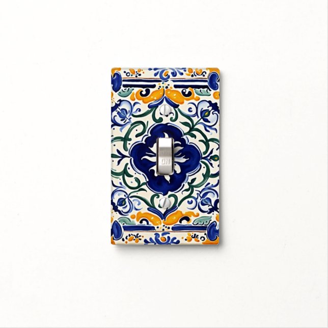 Mediterranean Blue Yellow Floral Flower Portuguese Light Switch Cover (In Situ)