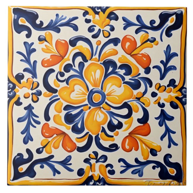 Mediterranean Blue & Yellow Floral Flower Sicilian Ceramic Tile (Front)