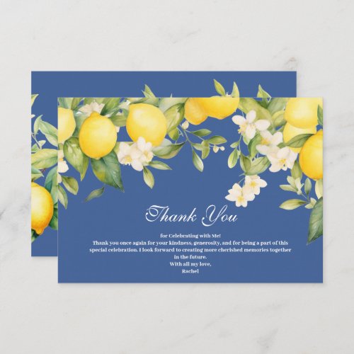 Mediterranean Blue  Yellow Lemon Bridal Shower  Thank You Card