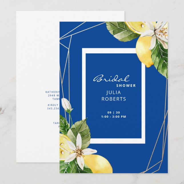 Mediterranean Blue & Yellow Lemons Bridal Shower Invitation (Front/Back)