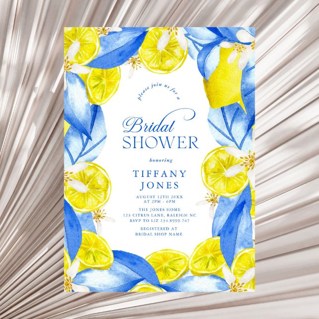Mediterranean Blue Yellow Lemons Bridal Shower Invitation (Creator Uploaded)