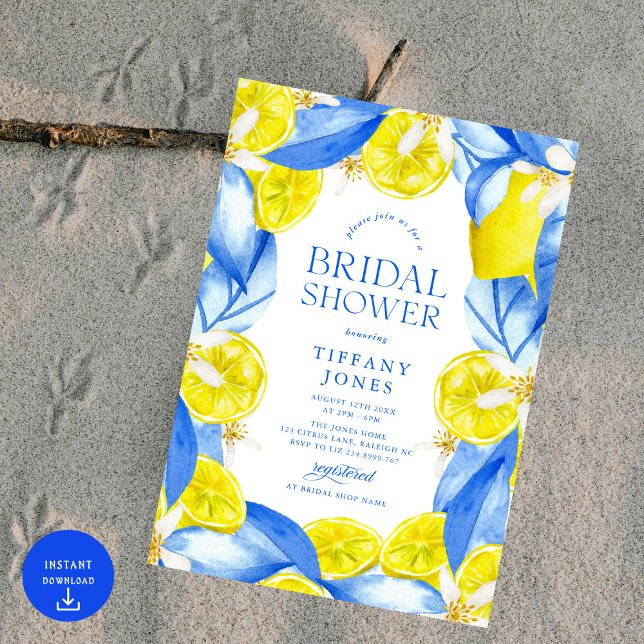 Mediterranean Blue Yellow Lemons Bridal Shower Invitation (Creator Uploaded)