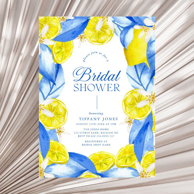 Mediterranean Blue Yellow Lemons Bridal Shower Invitation (Creator Uploaded)