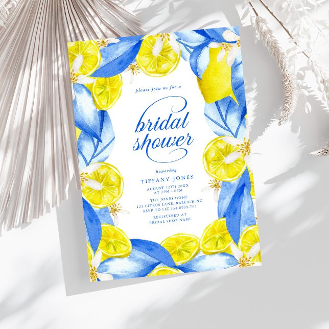 Mediterranean Blue Yellow Lemons Bridal Shower Invitation (Creator Uploaded)