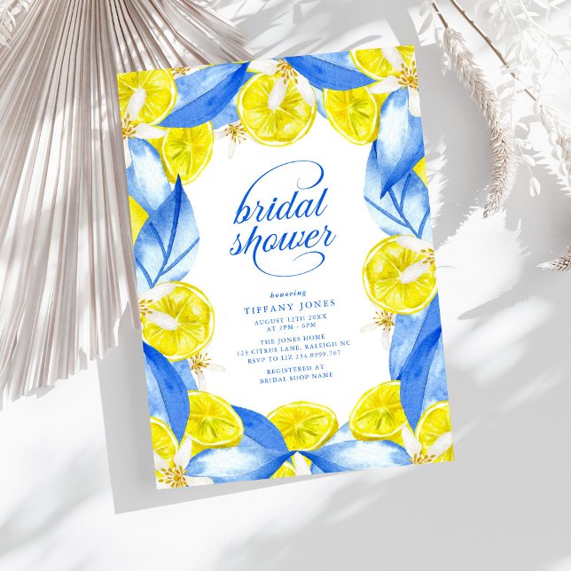 Mediterranean Blue Yellow Lemons Bridal Shower Invitation (Creator Uploaded)