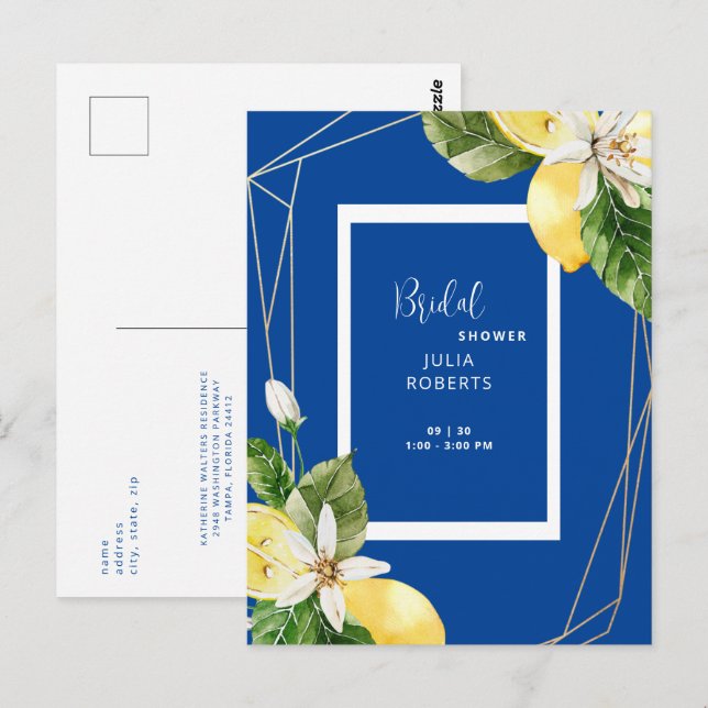 Mediterranean Blue & Yellow Lemons Bridal Shower Postcard (Front/Back)