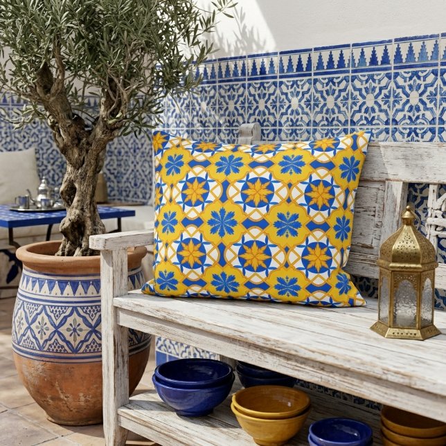 Mediterranean Blue Yellow Moroccan Tile Pattern Accent Pillow (Creator Uploaded)