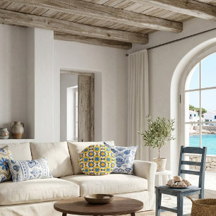 Mediterranean Blue Yellow Moroccan Tile Pattern Round Pillow