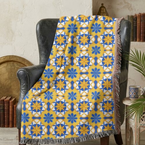 Mediterranean Blue Yellow Moroccan Tile Pattern Throw Blanket