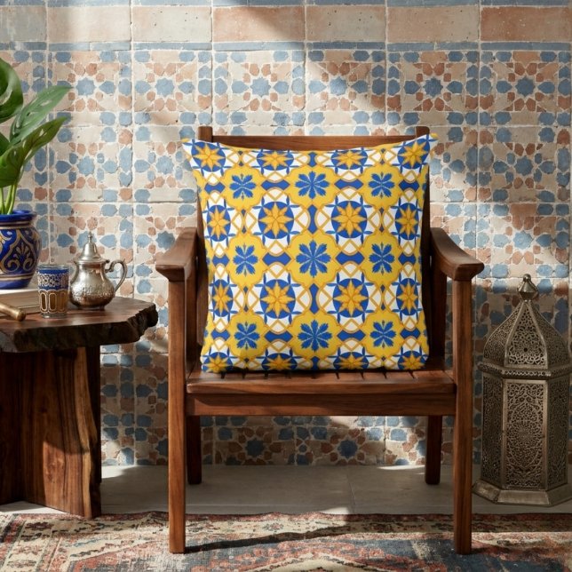 Mediterranean Blue Yellow Moroccan Tile Pattern Throw Pillow (Creator Uploaded)