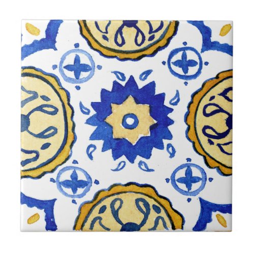 Mediterranean Blue  Yellow Patterned Watercolor Ceramic Tile