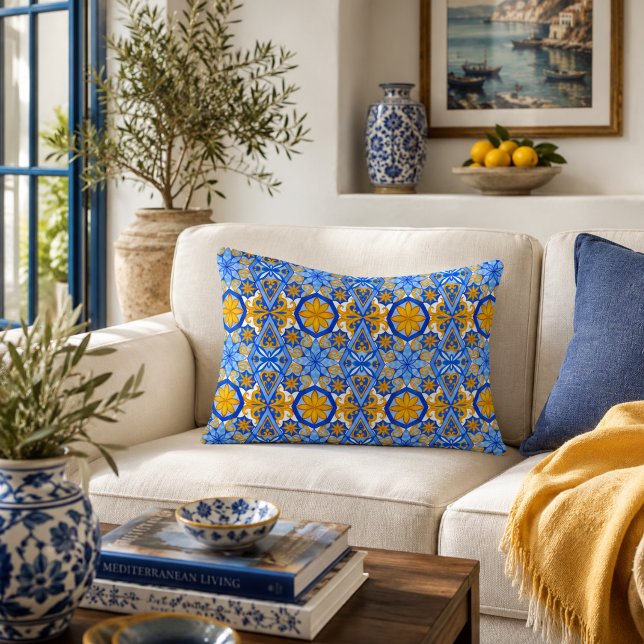 Mediterranean Blue Yellow Portuguese Pattern Accent Pillow (Creator Uploaded)
