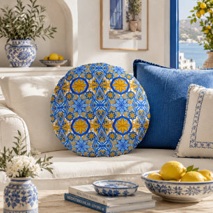 Mediterranean Blue Yellow Portuguese Pattern Round Pillow