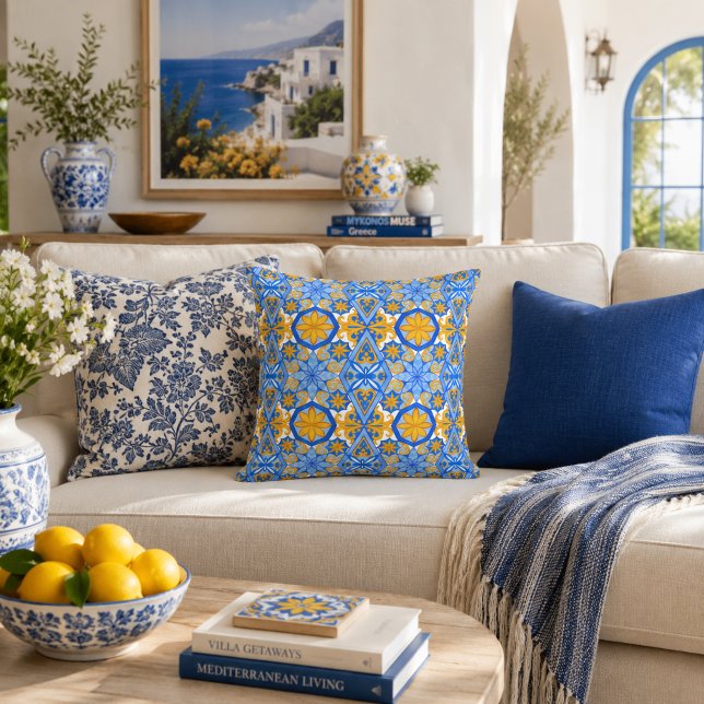 Mediterranean Blue Yellow Portuguese Pattern Throw Pillow (Creator Uploaded)